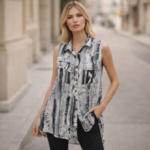 Papa Vancouver 100% Rayon Abstract Print Sleeveless Tunic Lightweight Flowy